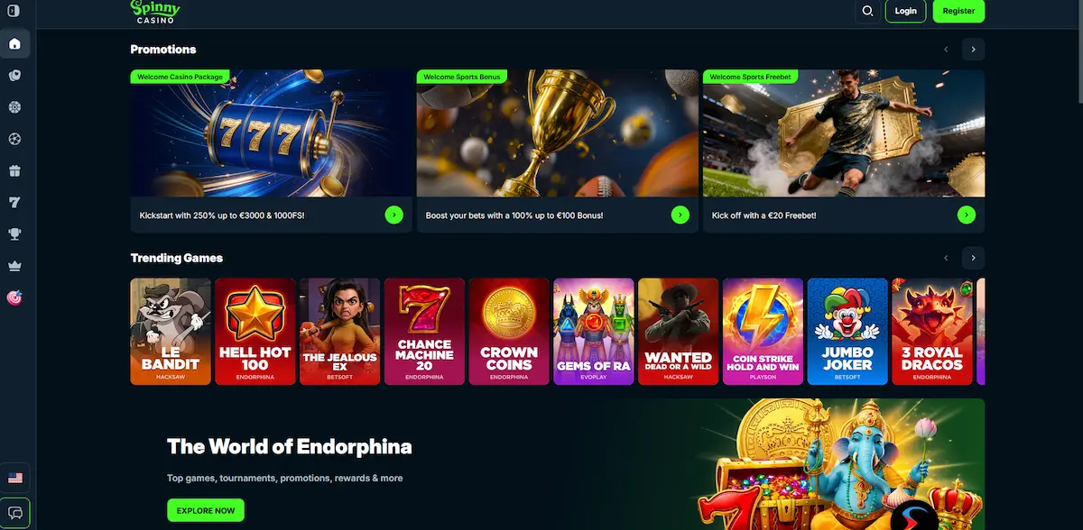Herní lobby Spinny Casino se sloty a doporučenými hrami