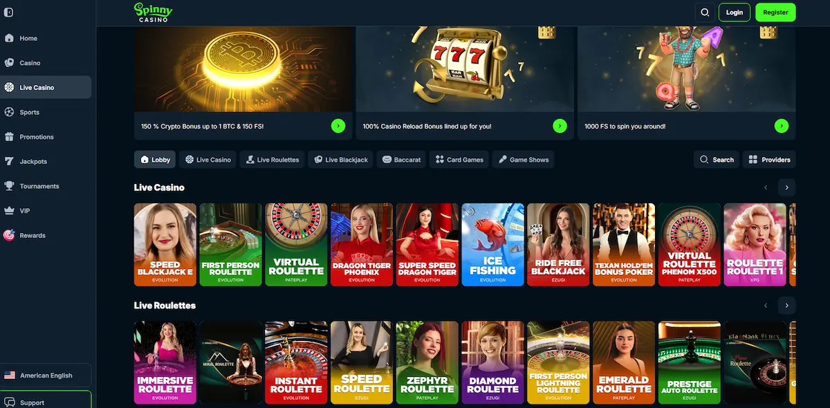 Živé kasino Spinny se stoly s krupiéry v reálném čase
